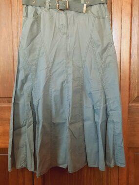 Army Green Flare Midi Skirt With Belt